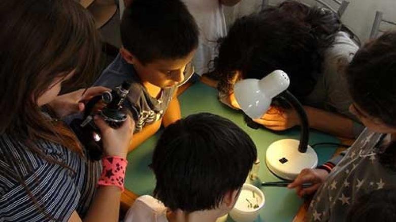 enfants autour d'un microscope